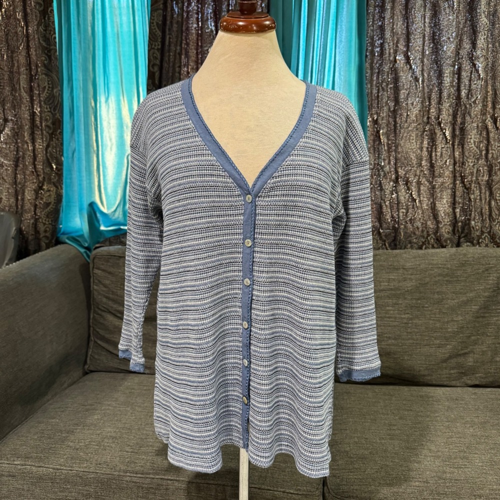 Express Tricot Vintage Blue Striped Cardigan Sweater V-Neck 3/4 Sleeve‎ S Cotton